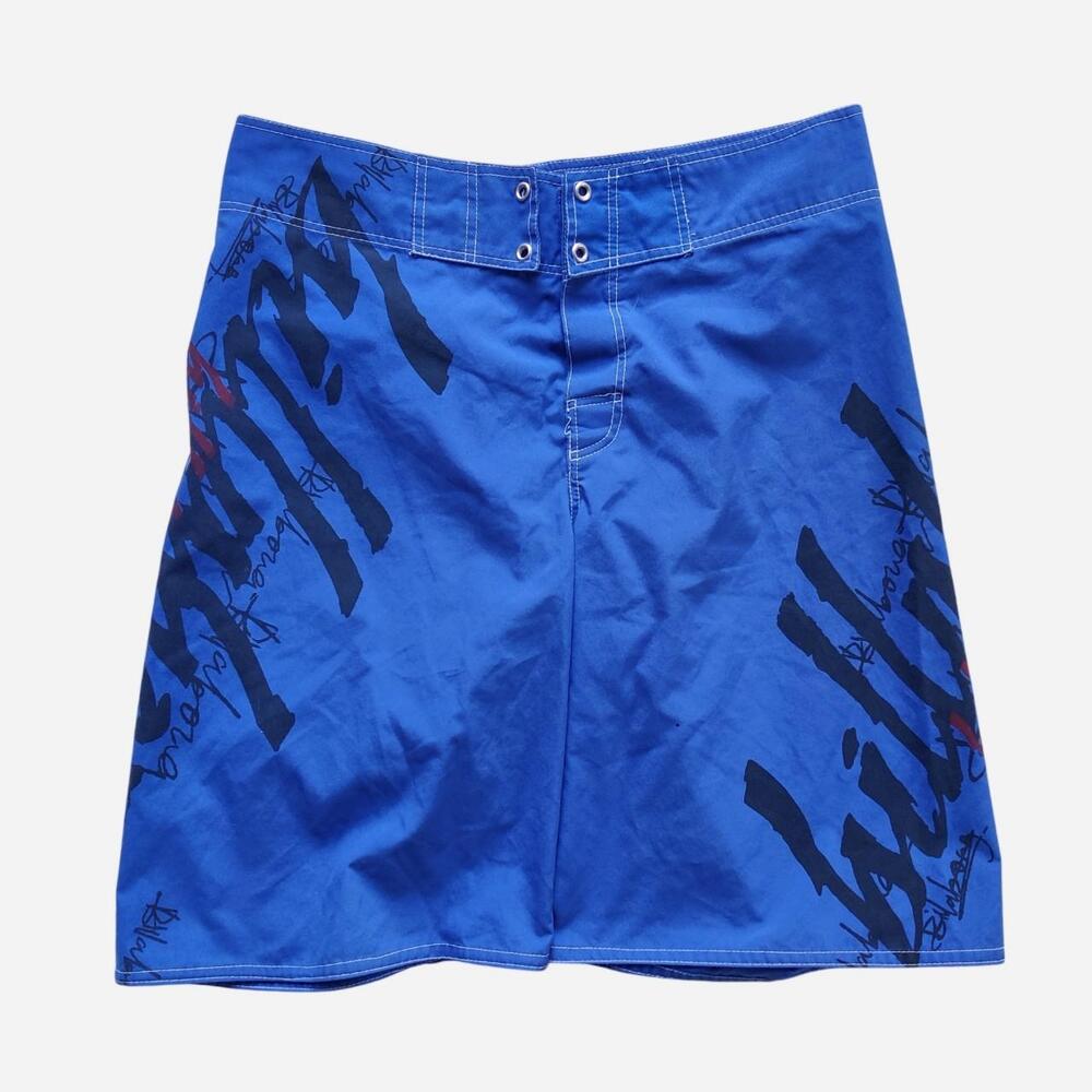 Y2K Billabong blue board shorts with black graffiti-style lettering